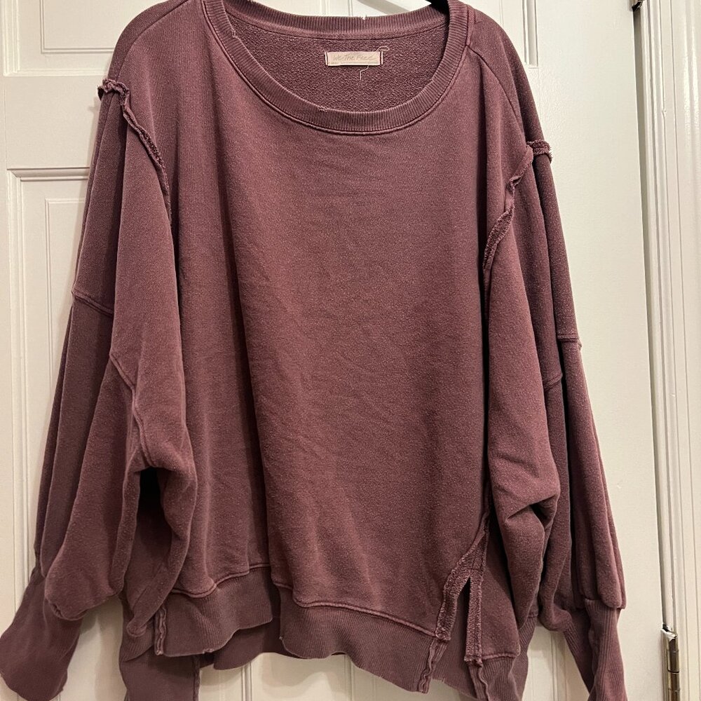 Free People Camden Slit Cuff Oversized Distressed Sweatshirt (Plum,XS)